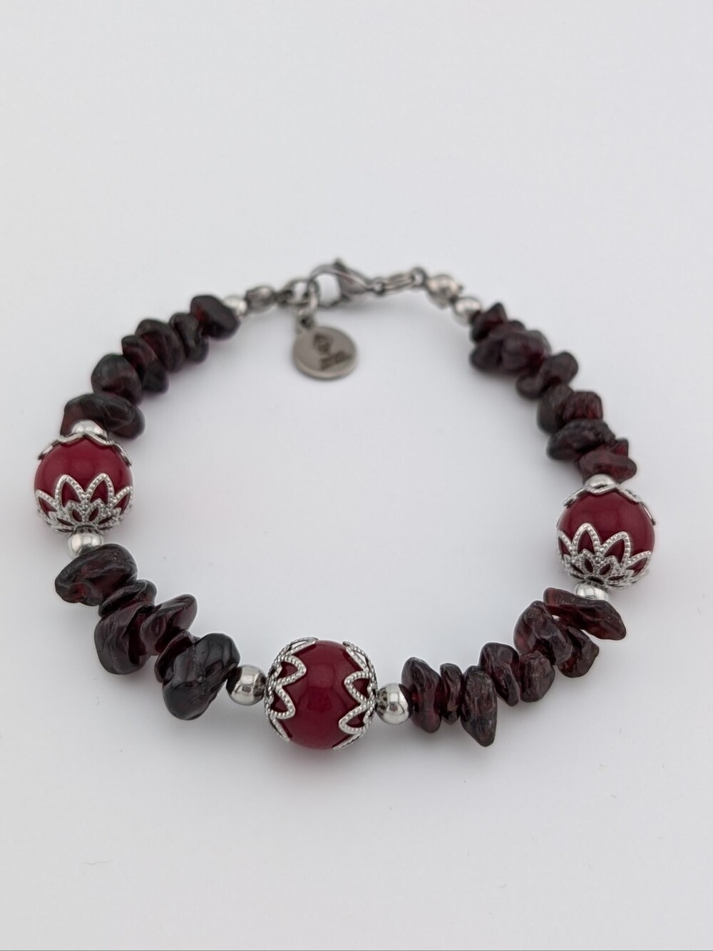 Garnet Beaded Gemstone Bracelet With Quartz And Silver Accents